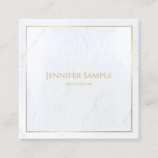 Elegant White Marble Gold Text Luxurious Template Square Business Card (Front)