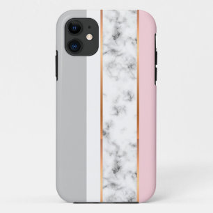 Elegant White Marble Grey Pink Gold Stripes iPhone 11 Case