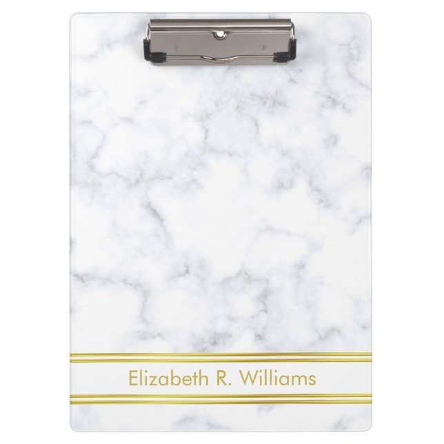 Elegant White Marble Look Faux Gold Name Template Clipboard (Front)