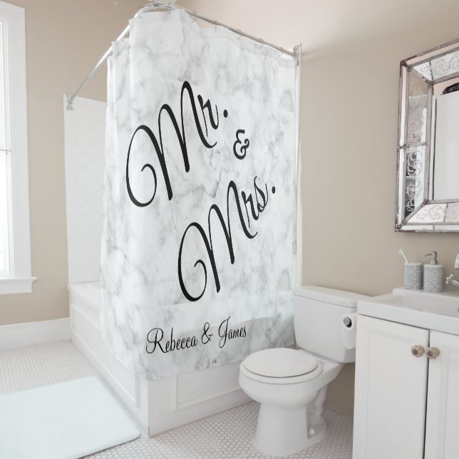 Elegant White Marble  Mr.and Mrs. Name Wedding Shower Curtain (In Situ)