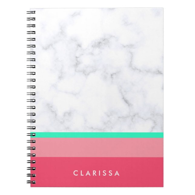 elegant white marble pastel pink melon mint notebook (Front)
