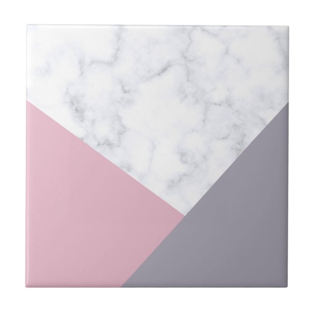 elegant white marble pastel pink purple geometric ceramic tile (Front)