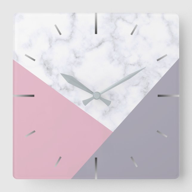 elegant white marble pastel pink purple geometric square wall clock (Front)