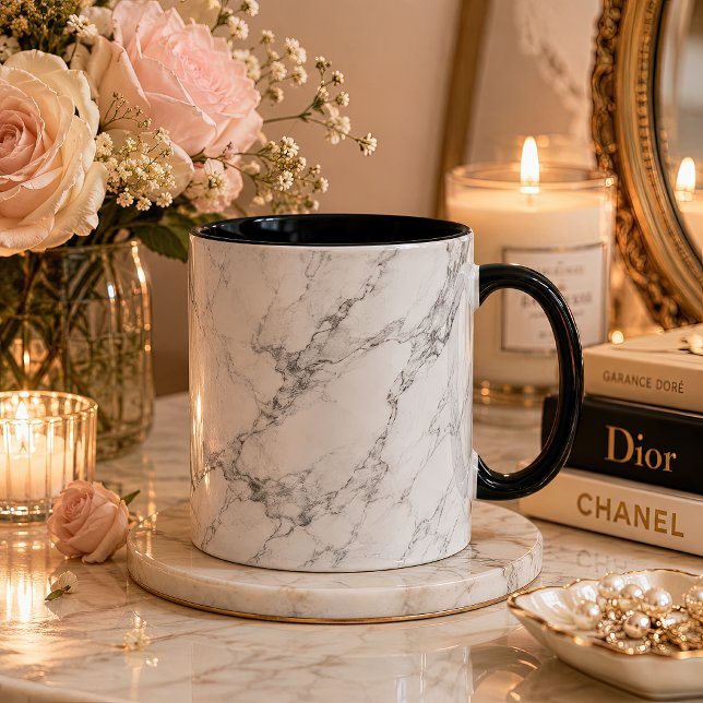 Elegant White Marble Pattern Mug (White marble mug with black handle in a romantic candlelit floral setting.)