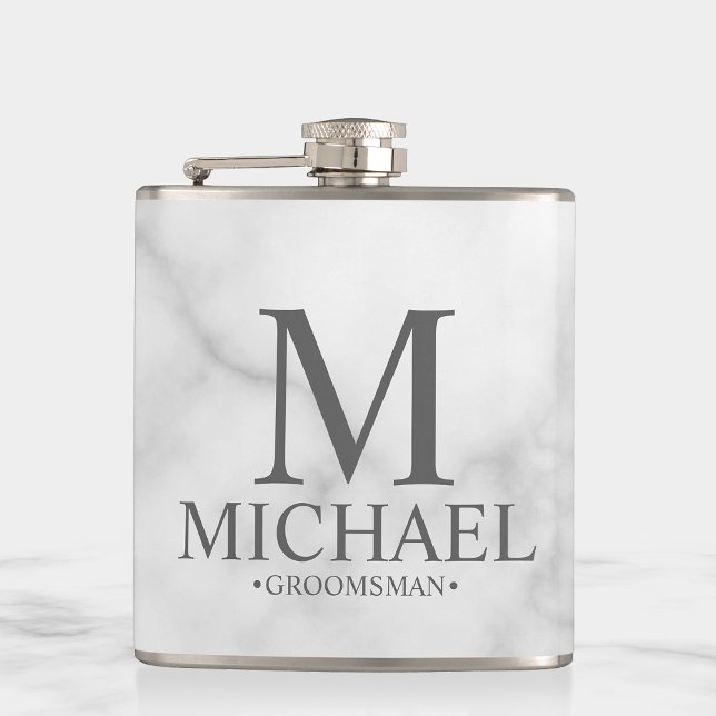 Elegant White Marble Personalised Groomsmen Hip Flask (Creator Uploaded)