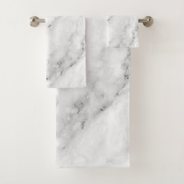 Elegant White Marble Print with Silver Textured Bath Towel Set (Insitu)