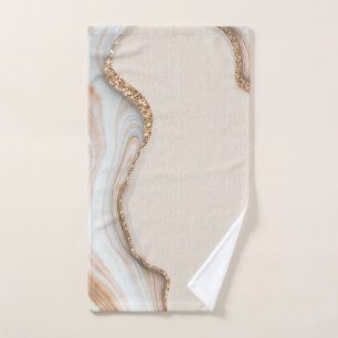 Elegant White Marble Print with Silver Textured Hand Towel