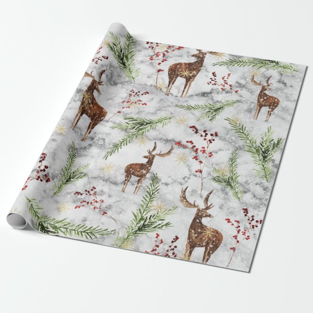 Elegant White Marble Reindeer Berries Christmas Wrapping Paper (Unrolled)
