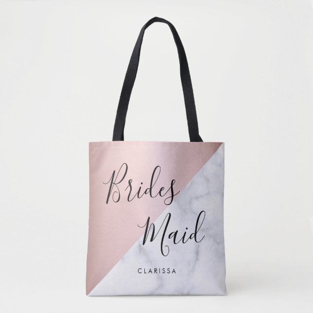 Elegant white marble & rose gold bridesmaid tote bag (Front)