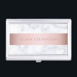 elegant white marble rose gold faux strip business card holder<br><div class="desc">Stylish and modern design featuring faux white marble and faux rose gold strip.</div>