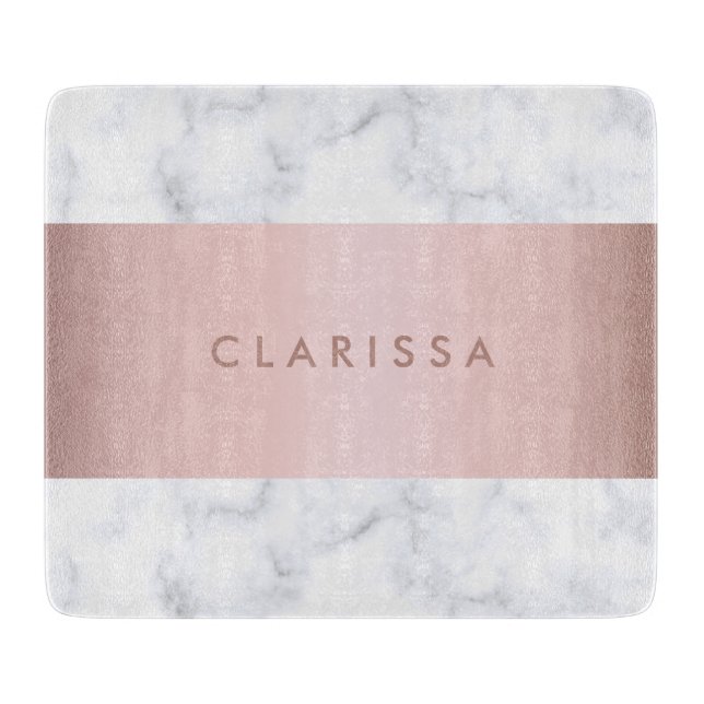 elegant white marble rose gold faux strip cutting board (Front)