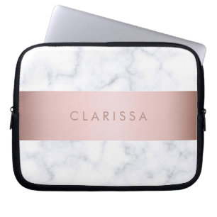 elegant white marble rose gold faux strip laptop sleeve