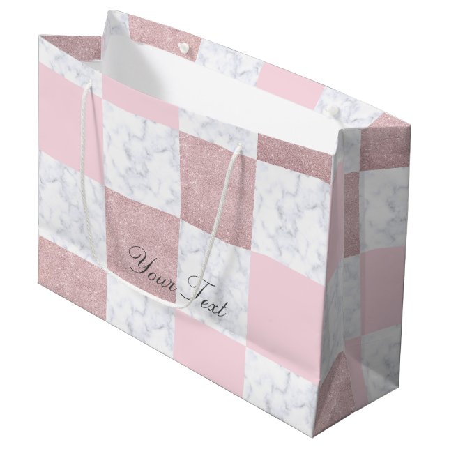 Elegant white marble & rose gold glitter chequered large gift bag (Front Angled)