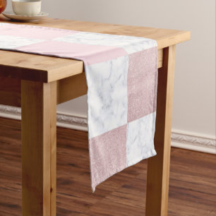 Elegant white marble & rose gold glitter chequered short table runner