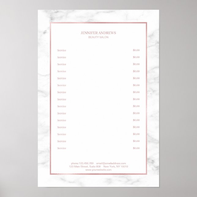 Elegant White Marble Rosegold Pricelist Poster (Front)