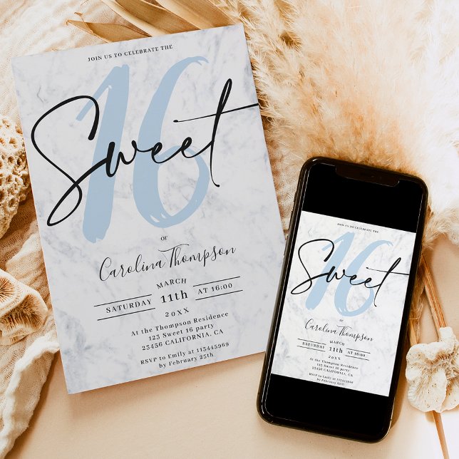 Elegant white marble script blue photo Sweet 16 Invitation (Elegant white marble script blue photo Sweet 16 Invitation)