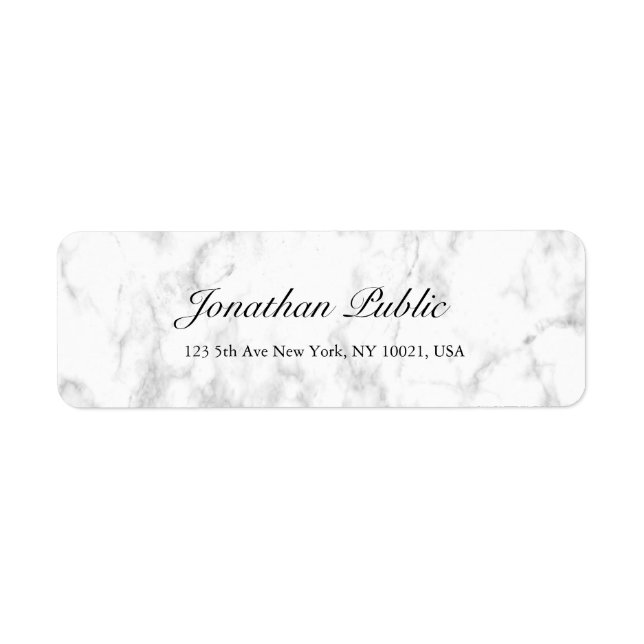 Elegant White Marble Script Luxury Return Address Label (Front)