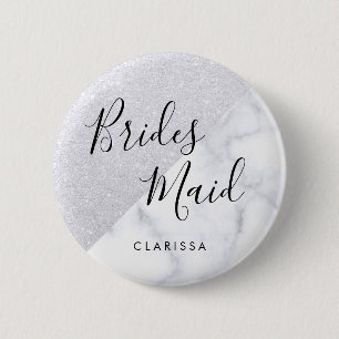 Elegant white marble & silver glitter bridesmaid 6 cm round badge