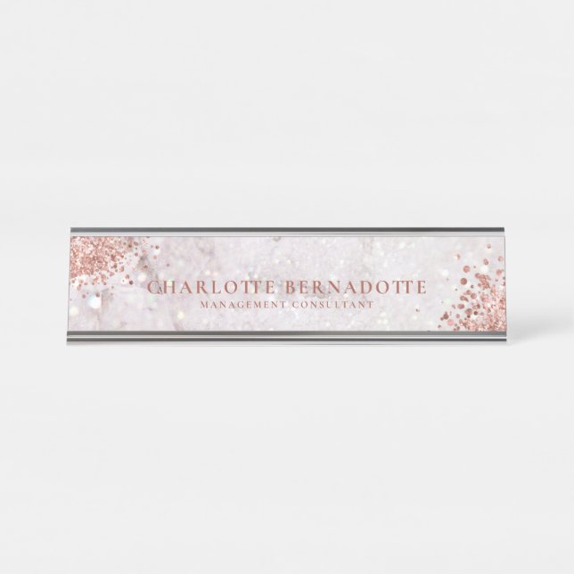 Elegant White Marble Sparkle Rose Gold Glitter Desk Name Plate (Front)