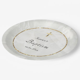 elegant white marble stone Baptism Paper Plate