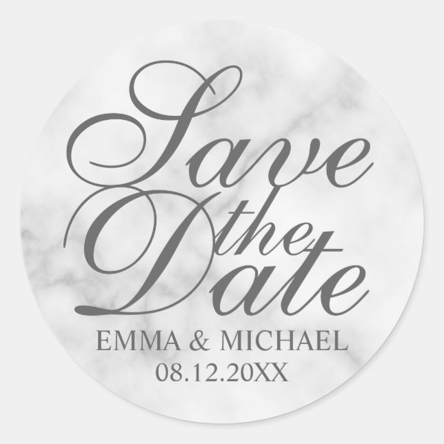 Elegant White Marble Wedding Save the Date Classic Round Sticker (Front)