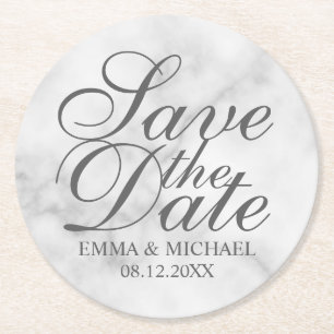 Elegant White Marble Wedding Save the Date Round Paper Coaster