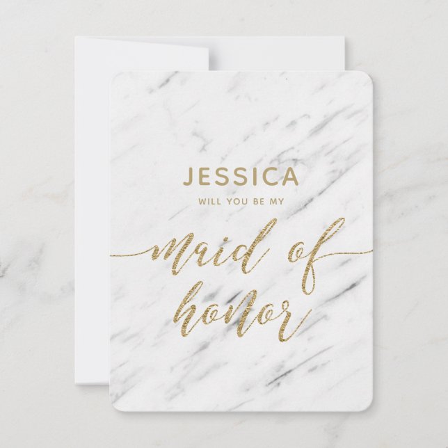 Elegant White Marble Will You Be My Maid of Honour Invitation (Front)