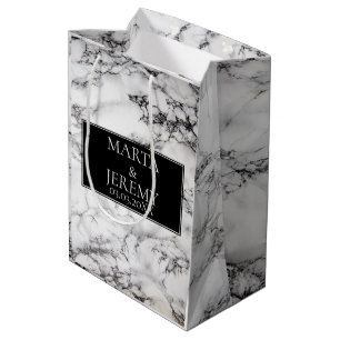 Elegant White Marble With Black Medium Gift Bag