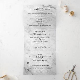 Elegant White Marble with Silver Foil Wedding Tri-Fold Invitation