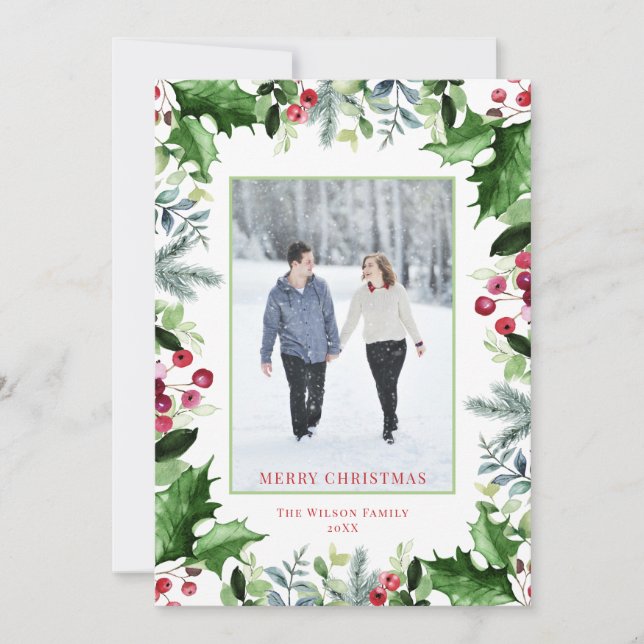Elegant White Merry Christmas Photo Greenery Holiday Card (Front)