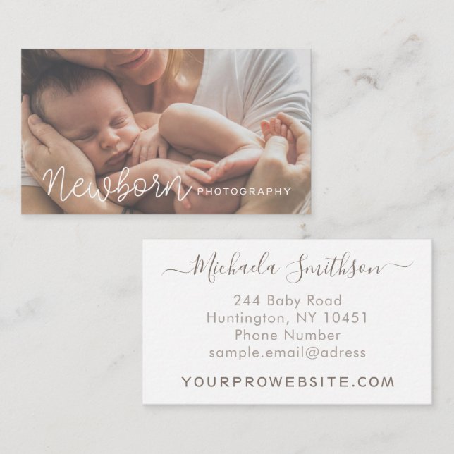 Elegant White Minimal Modern Newborn Photographer Business Card (Front/Back)