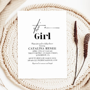 Elegant White Minimalist Its A Girl Baby Shower  Invitation