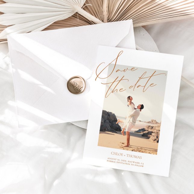 Elegant White Minimalist Script Photo Save The Date (Creator Uploaded)