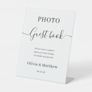 Elegant White Minimalist Wedding Photo Guest Book Pedestal Sign