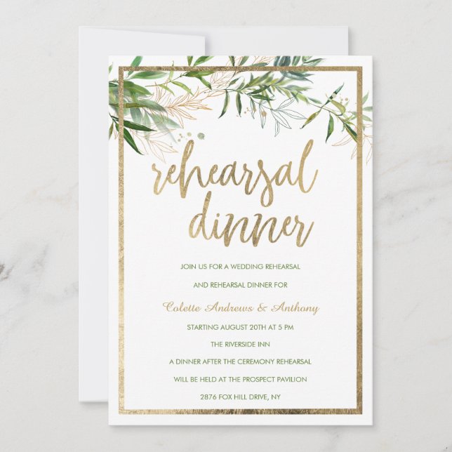 Elegant white mint gold foliage Rehearsal Dinner Invitation (Front)