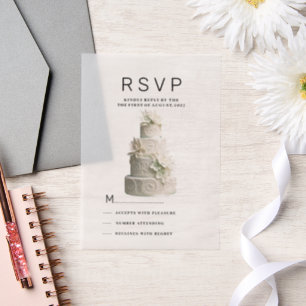 Elegant white mint green floral cake RSVP Vellum Invitations