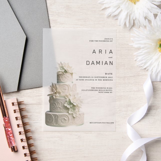 Elegant white mint green floral cake Wedding Vellum Invitations (Wedding)