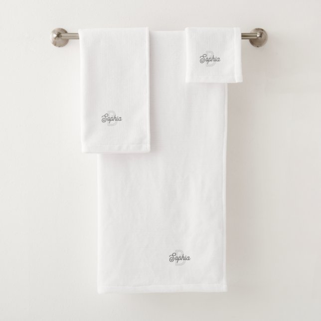 Elegant White Modern Monogram Bath Towel Set (Insitu)