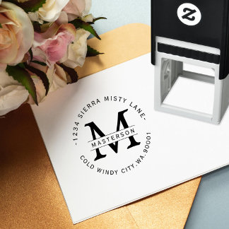 Elegant White Monogram Circular Return Address Self-inking Stamp