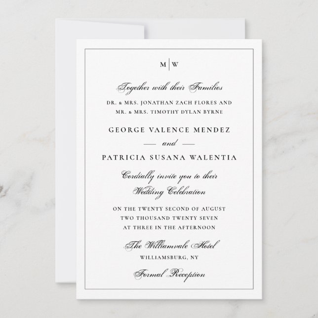 Elegant White Monogram Classic Wedding Invitation (Front)