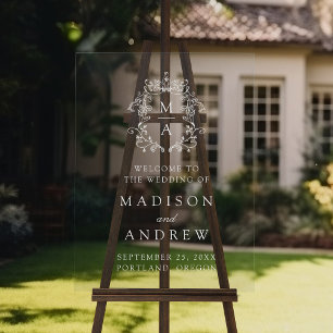 Elegant White Monogram Crest Wedding Welcome Acrylic Sign