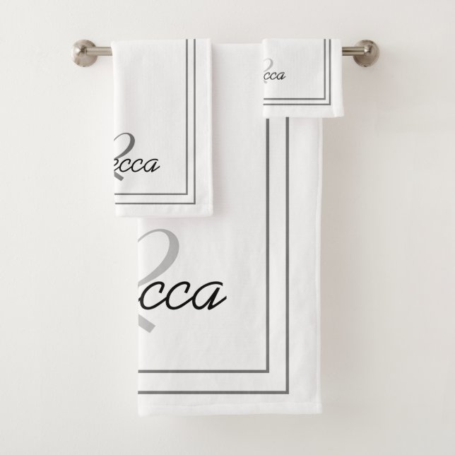 Elegant White Monogram Initial Name Striped  Bath Towel Set (Insitu)