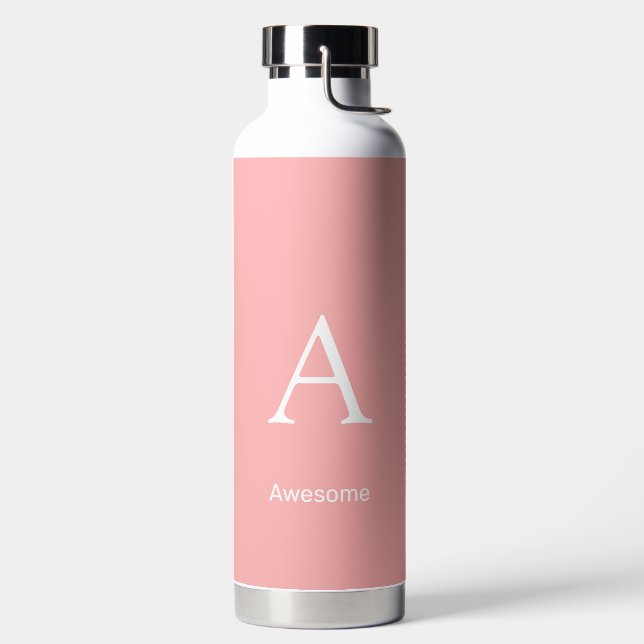 Elegant White Monogram & Text on Light Coral Pink Water Bottle (Left)