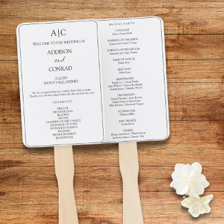 Elegant White Monogram Wedding Program Hand Fan
