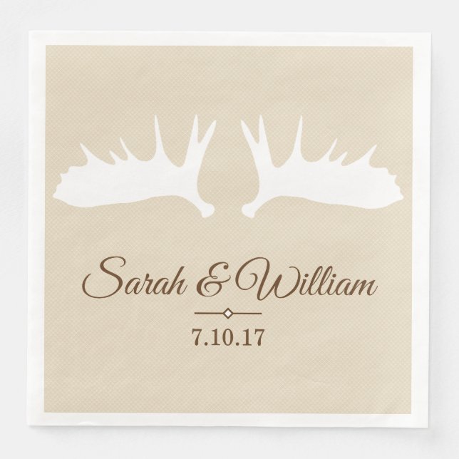 Elegant White Moose Antlers & Taupe | Personalised Napkin (Front)