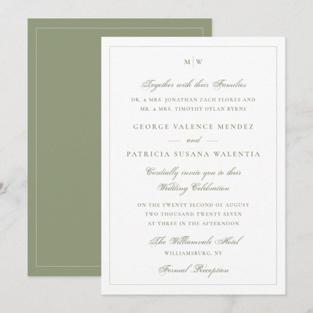 Elegant White Moss Green Monogram Classic Wedding Invitation (Front/Back)