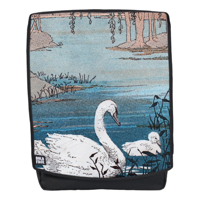 Elegant White Mother Swan with Baby Swimming Pond Backpack (Front)