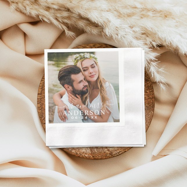 Elegant White Mr and Mrs Monogram Photo Wedding Napkin (Creator Uploaded)