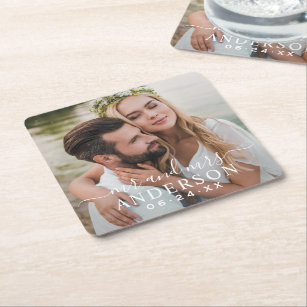 Elegant White Mr and Mrs Monogram Photo Wedding Square Paper Coaster