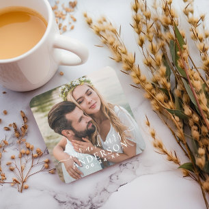 Elegant White Mr and Mrs Photo Wedding Square Paper Coaster
